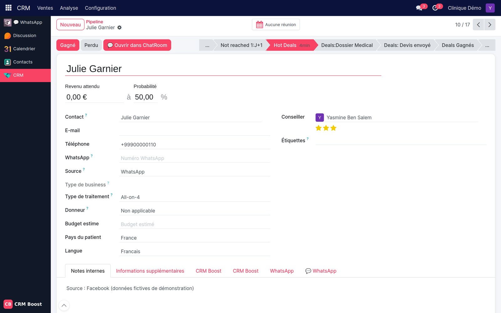 CRM Boost patient file with treatment, country and language (sample data)