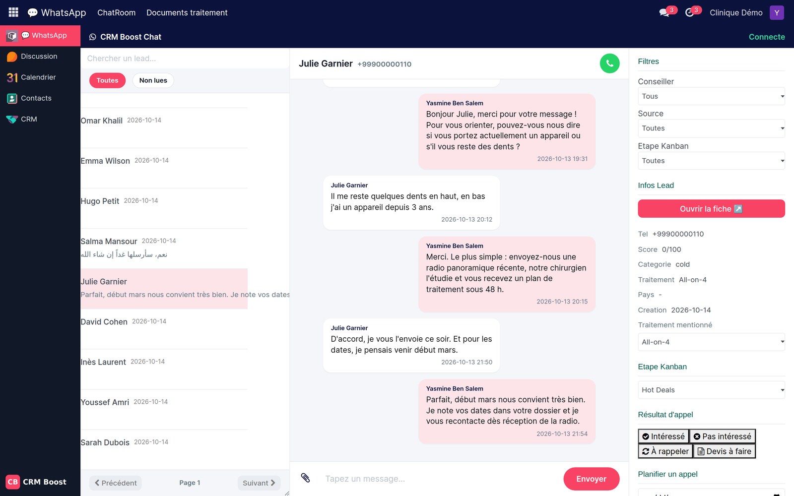 CRM Boost WhatsApp conversation with a patient inside the CRM (sample data)